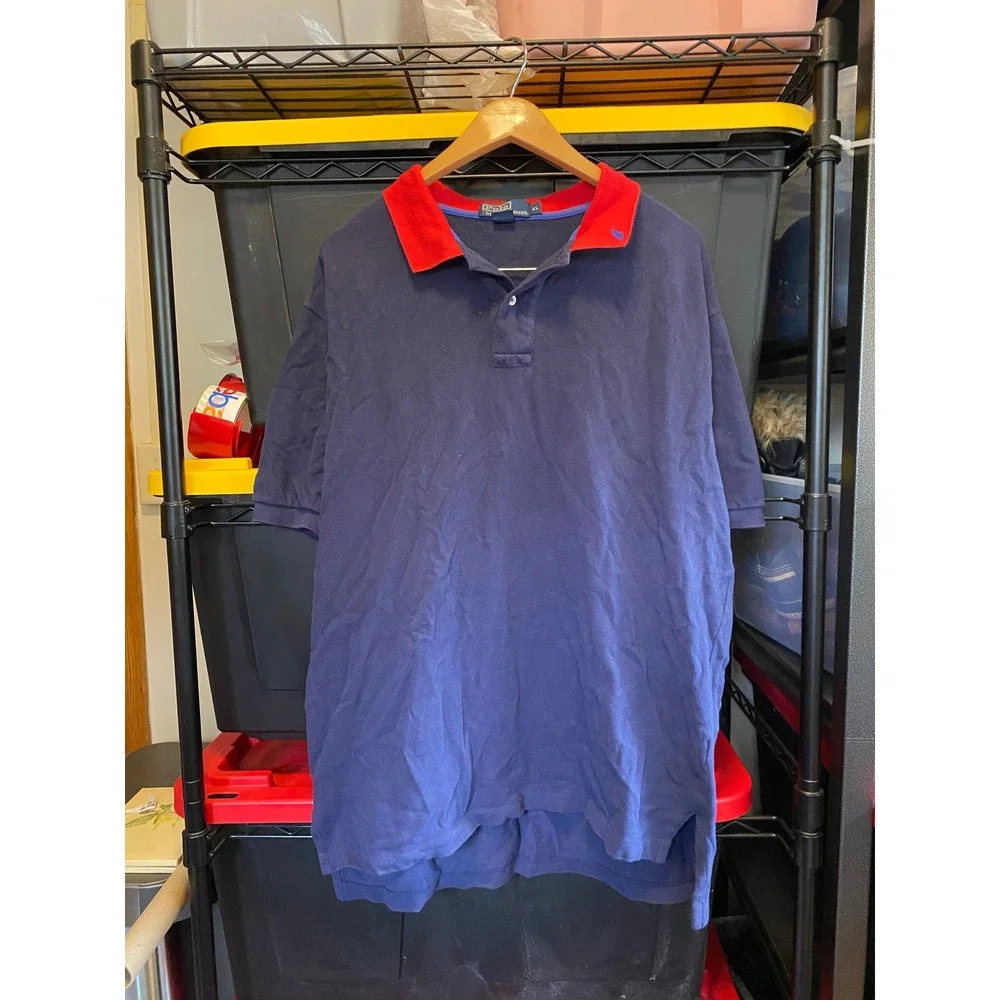 Vintage Ralph Lauren Polo Shirt Contrast Collar XL Navy Blue Red Cotton Preppy